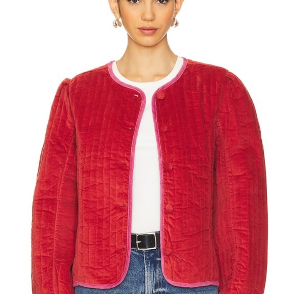 Free People Red Velvet Bomber Jacket with Quilted Design